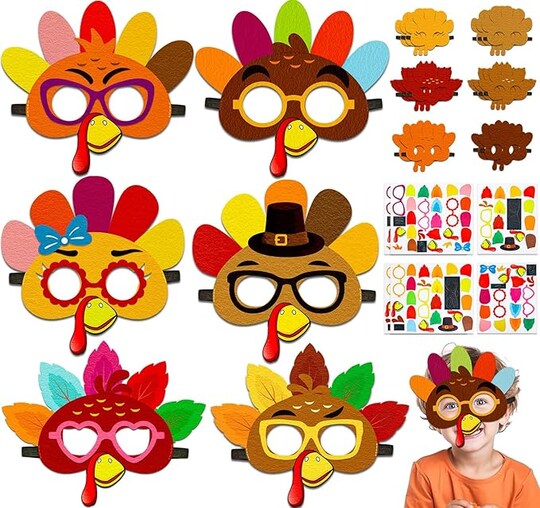 16 PCS Thanksgiving Felt Turkey Mask Craft Kit – DIY Fall Arts & Crafts Set with Pre-Cut Pieces & Elastic Bands, Classroom Activity Supplies, Party Favors & Holiday Celebration Masks